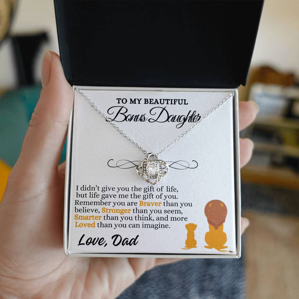 To My Beautiful Bonus Daughter Love Knot Necklace, Gift From Dad To Step-Daughter, Christmas Gift, Birthday Gift, Graduation Gift, Special Occasion Keepsake Sentimental Gift