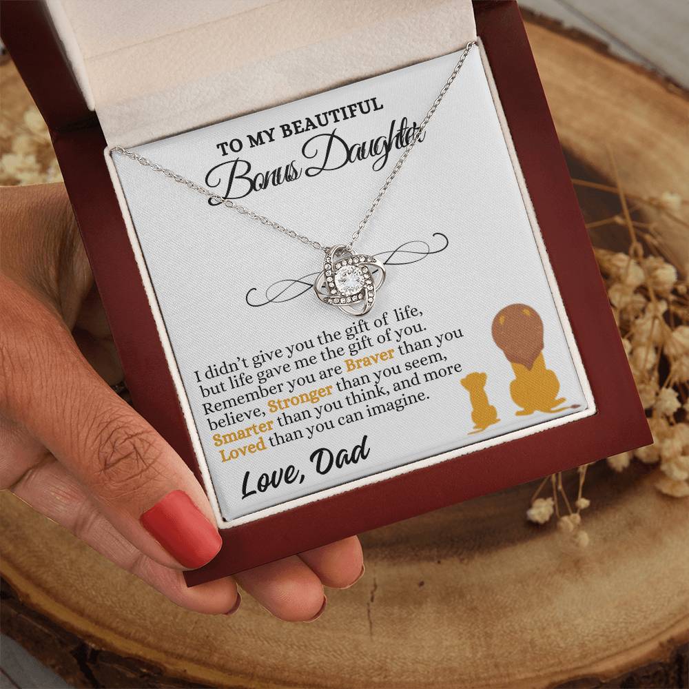 To My Beautiful Bonus Daughter Love Knot Necklace, Gift From Dad To Step-Daughter, Christmas Gift, Birthday Gift, Graduation Gift, Special Occasion Keepsake Sentimental Gift