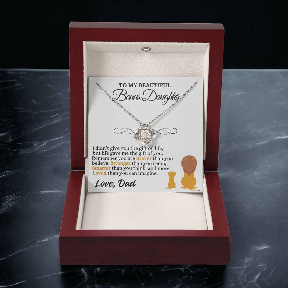 To My Beautiful Bonus Daughter Love Knot Necklace, Gift From Dad To Step-Daughter, Christmas Gift, Birthday Gift, Graduation Gift, Special Occasion Keepsake Sentimental Gift
