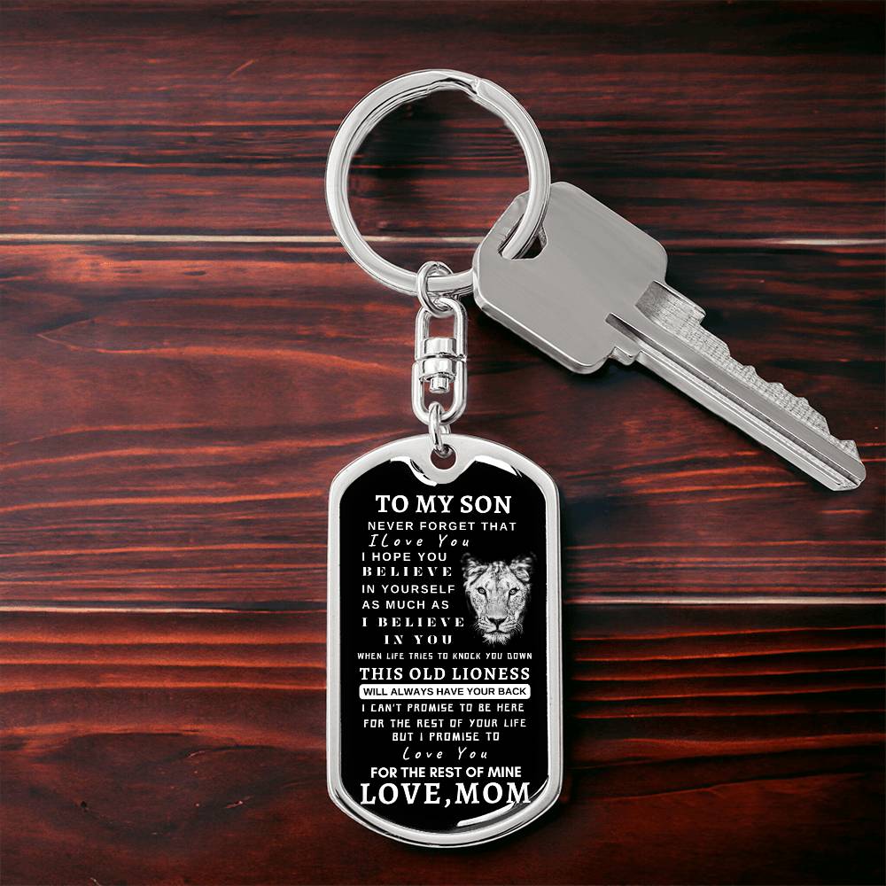 To My Son Lioness Dog Tag Swivel Key Chain