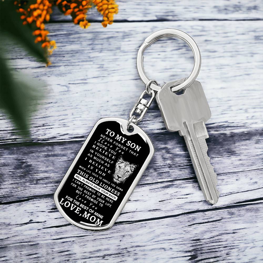 To My Son Lioness Dog Tag Swivel Key Chain