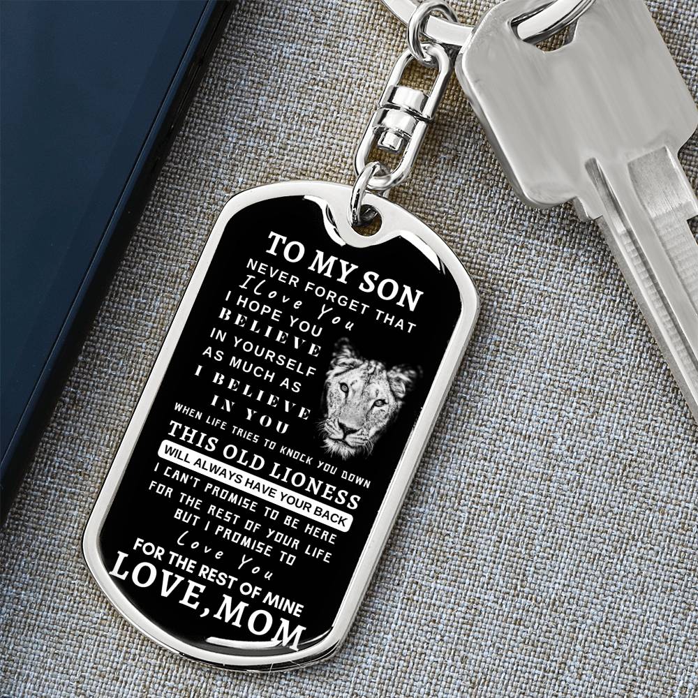 To My Son Lioness Dog Tag Swivel Key Chain