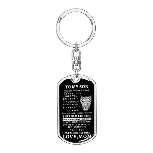 To My Son Lioness Dog Tag Swivel Key Chain