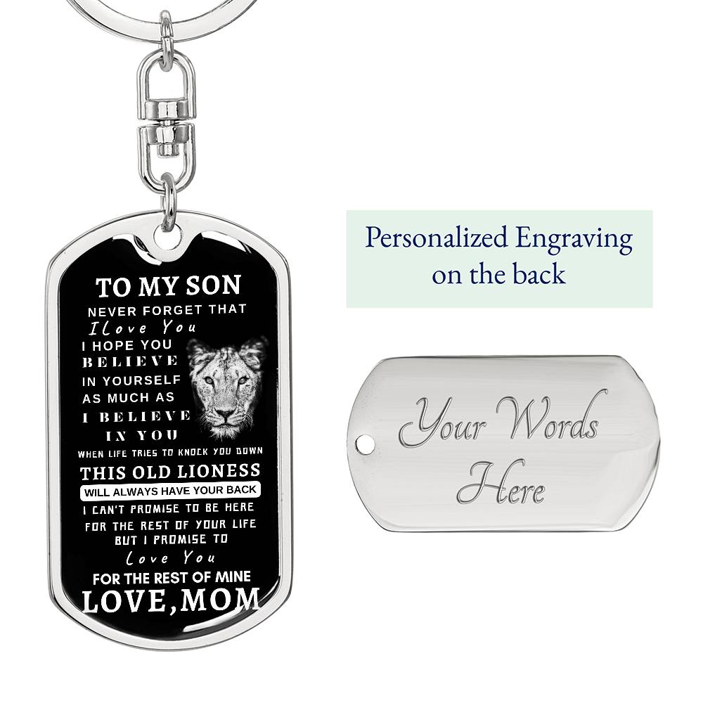 To My Son Lioness Dog Tag Swivel Key Chain